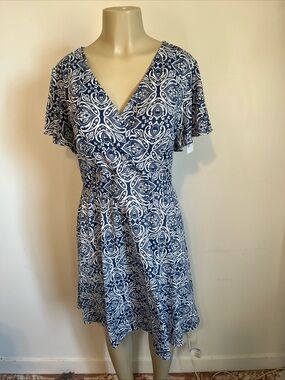 Lane Bryant Navy and White Bandana Printed Wrap-Style Midi Dress